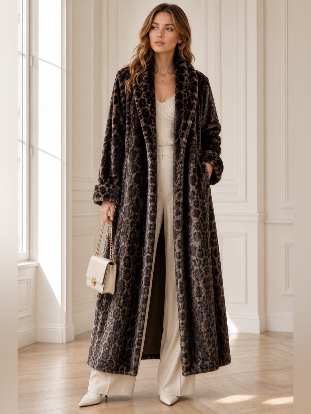 Cache Vintage Faux Leopard Fur Print Swing Coat Brown Made in USA Large 10 12
